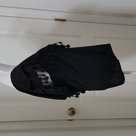 Blue Rain (Francesca's) Black Asymmetrical Ruffle Tassle Spag. Strap Blouse, NEW - Picture 5 of 11